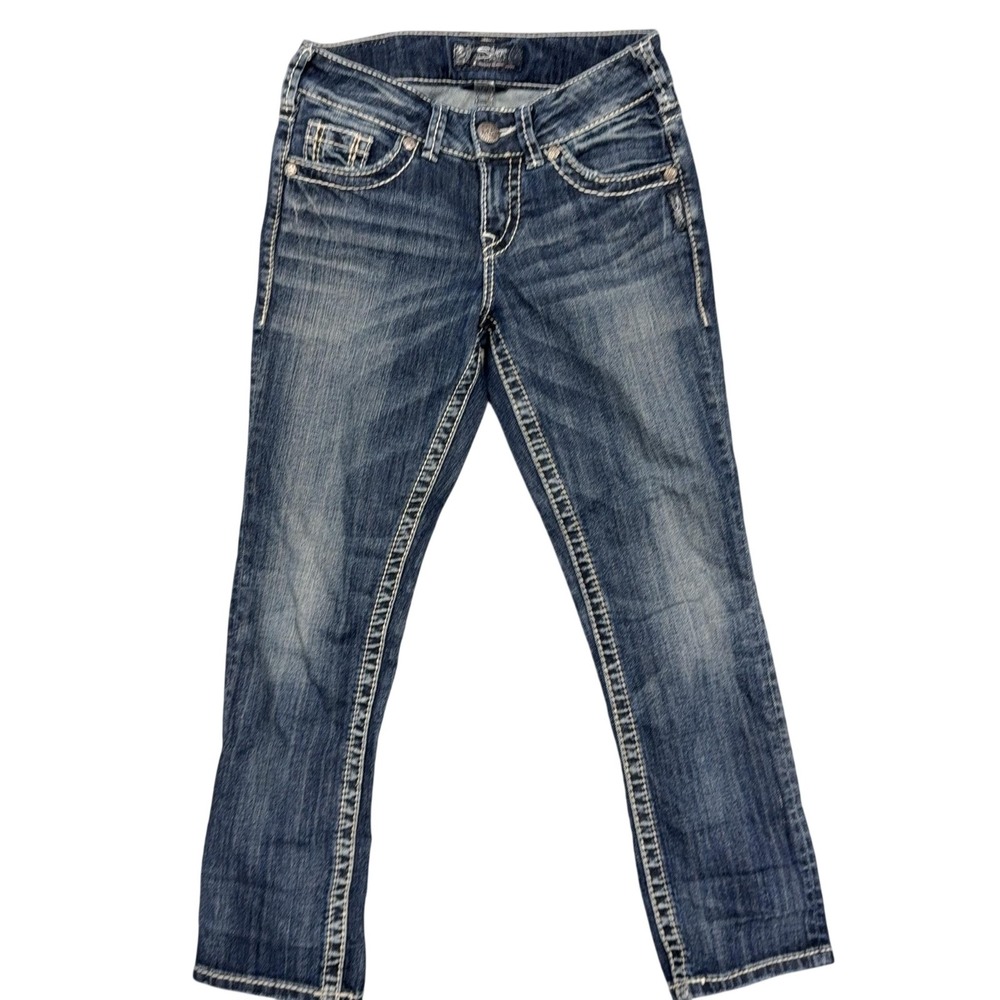 Silver Jeans Suki Capri Jeans Womens W24 Blue Low Rise Distressed Embroidered